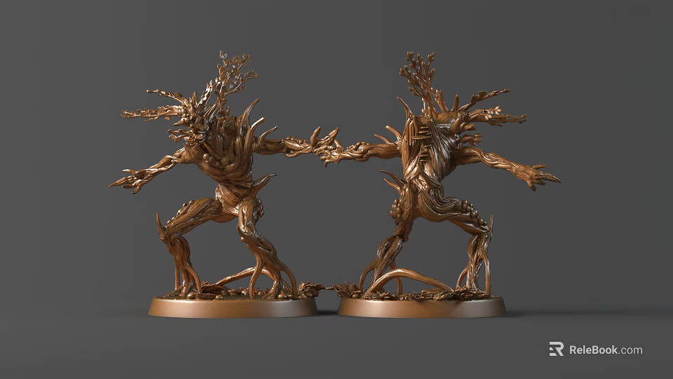 Golden Tree Shaped 3D Sculptures With Intricate Branch Details In Standing Pose 3d model 