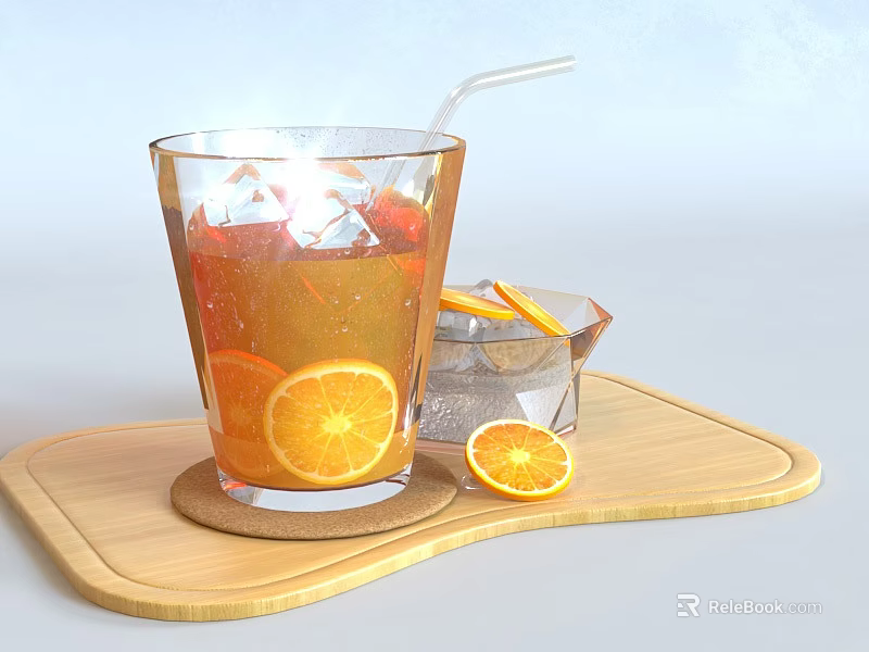 Refreshing Orange Beverage with Ice Cubes Orange Slices and Straw on Wooden Tray 3d model 