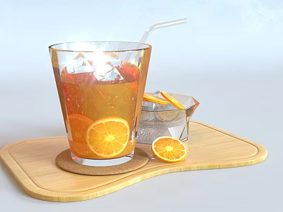 Refreshing Orange Beverage with Ice Cubes Orange Slices and Straw on Wooden Tray 3d model