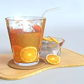 Refreshing Orange Beverage with Ice Cubes Orange Slices and Straw on Wooden Tray