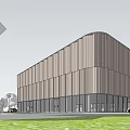 Modern Architectural Exterior With Metal Panel Facade Glass Curtain Wall Green Lawn And Trees