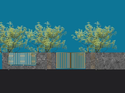 Modern Metal Entrance Gate With Green Trees And Gray Wall Background 3d model