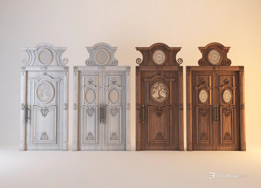 Classic Light And Dark Double Doors With Ornate Carvings And Clock Details 3d model 