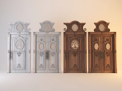 Classic Light And Dark Double Doors With Ornate Carvings And Clock Details 3d model