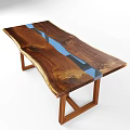 Wooden Office Desk With Natural Wood Grain And Blue Black Geometric Resin Inlay