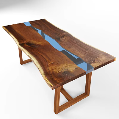 Wooden Office Desk With Natural Wood Grain And Blue Black Geometric Resin Inlay 3d model