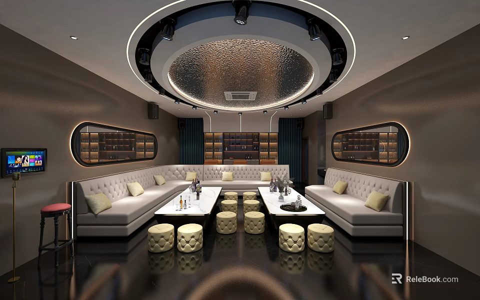 Modern KTV Interior Design With Comfortable Sofas Coffee Tables And Round Ceiling Lights 3d model