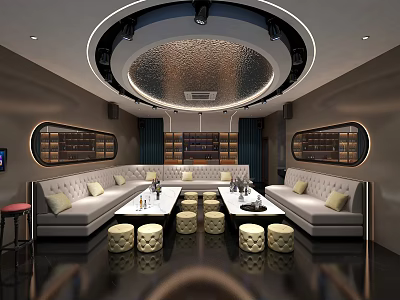 Modern KTV Interior Design With Comfortable Sofas Coffee Tables And Round Ceiling Lights 3d model
