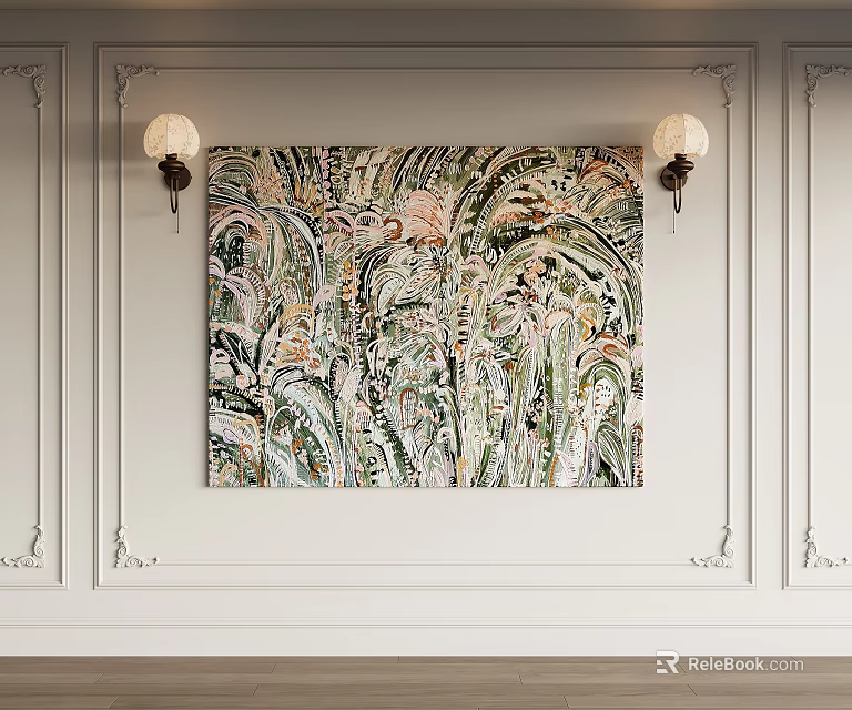 Abstract Painting Hanging On Elegant White Wall With Decorative Wall Lamps And Dynamic Patterns 3d model 