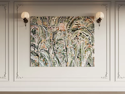 Abstract Painting Hanging On Elegant White Wall With Decorative Wall Lamps And Dynamic Patterns 3d model