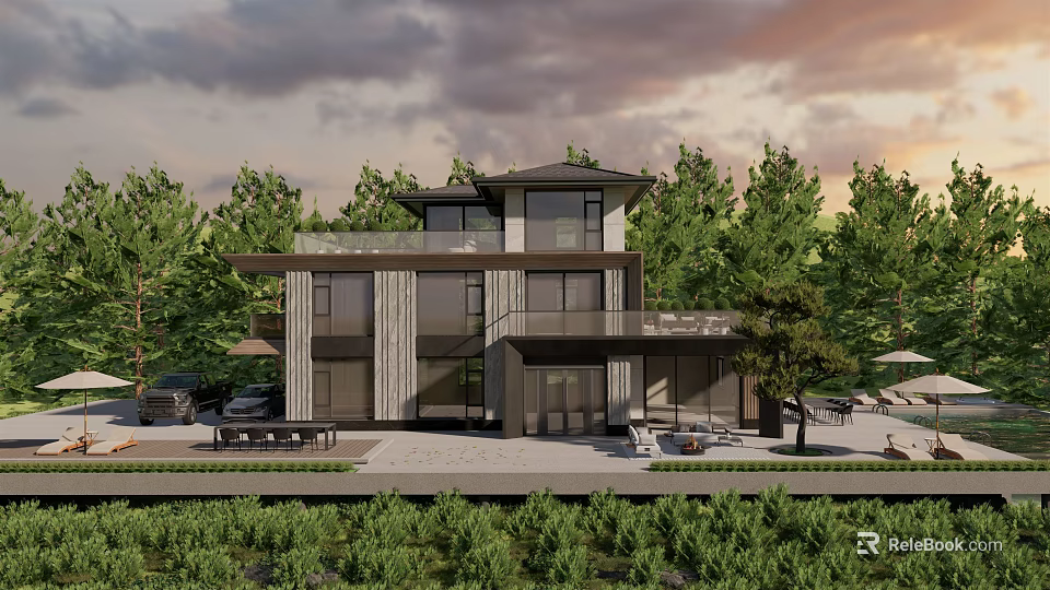 Modern Two Story Detached House With Large Glass Windows Surrounded by Trees And Outdoor Seating 3d model 