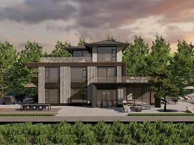 Modern Two Story Detached House With Large Glass Windows Surrounded by Trees And Outdoor Seating 3d model