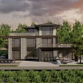 Modern Two Story Detached House With Large Glass Windows Surrounded by Trees And Outdoor Seating