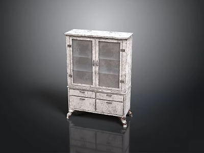 Vintage Wooden Display Cabinet With Double Glass Doors And Storage Drawers 3d model