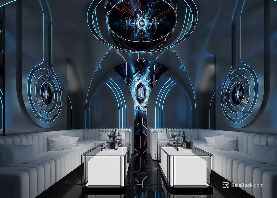 Futuristic KTV Interior Design With Blue Lighting Comfortable Sofas And Bar Counters 3d model 