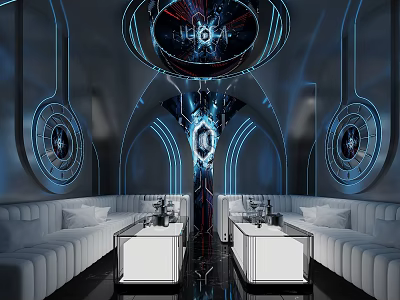 Futuristic KTV Interior Design With Blue Lighting Comfortable Sofas And Bar Counters 3d model