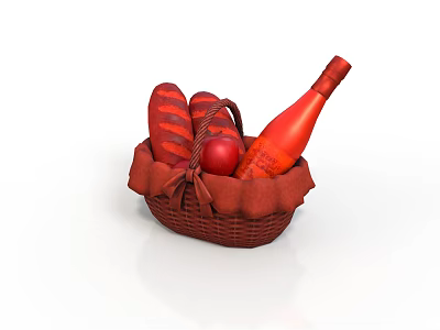 Wicker Basket Containing Fresh Bread Red Apple And Red Bottle For Food 3d model