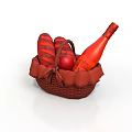 Wicker Basket Containing Fresh Bread Red Apple And Red Bottle For Food