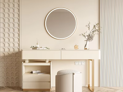 Modern Vanity Table With Round Mirror Geometric Patterned Wall And Decorative Stool 3d model