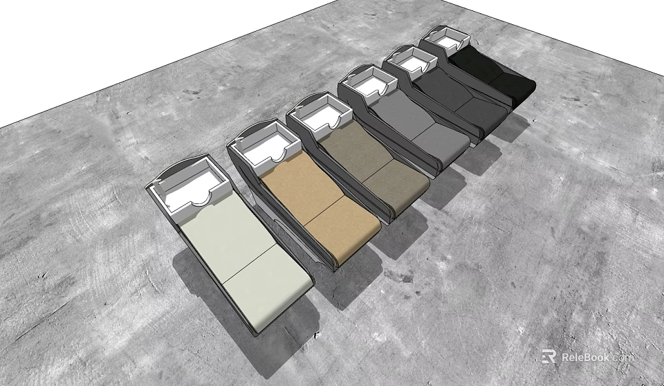 Modern Comfortable Massage Beds With Different Colored Surfaces Arranged On Gray Floor 3d model 