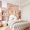 Pink Kids Room Interior With Arch Wall Bookshelf Chandelier And Plush Toys