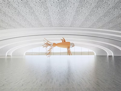 Spacious Exhibition Hall With Large Orange Sculpture Curved White Walls And Floor To Ceiling Windows 3d model