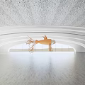 Spacious Exhibition Hall With Large Orange Sculpture Curved White Walls And Floor To Ceiling Windows