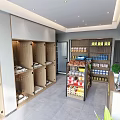 Modern Shopping Mall Store With Wooden Shelves Glass Display Cabinets And Green Plants