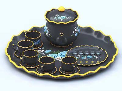 Black Tea Set Featuring Yellow Trim Blue Floral Design Teapot Cups Tray And Teaspoons 3d model