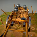 Ancient Wooden Chariot With Large Spoked Wheels Metal Containers And Spears