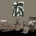 Two Wicker Leisure Chairs with Round Coffee Table Vase and Wall Art on Gray Rug