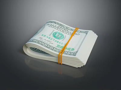 Household Living Items With Bundled US Dollar Bills Tied In Orange Band 3d model