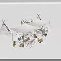 Outdoor Tipi Tents Setup With Canopy String Lights Folding Chairs And Wooden Crates With Flowers