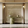 Modern Luxury Entryway Hallway with Marble Walls Green Console Table Vase and Patterned Rug
