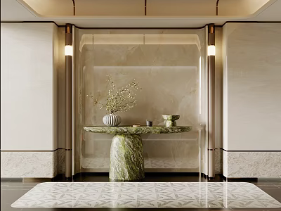 Modern Luxury Entryway Hallway with Marble Walls Green Console Table Vase and Patterned Rug 3d model