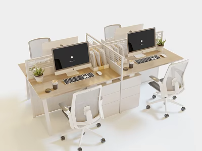 Modern Office Desks With Dividers Computer Monitors Keyboards Potted Plants And White Chairs 3d model
