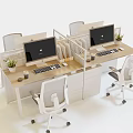 Modern Office Desks With Dividers Computer Monitors Keyboards Potted Plants And White Chairs