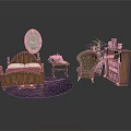 Traditional Bedroom Interior With Wooden Bed Armchair Round Painting Small Table Plant And Dark Rug