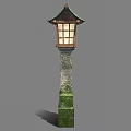 Japanese Style Garden Lantern With Green Roof Wooden Frame Glass Windows On Mossy Stone Pillar
