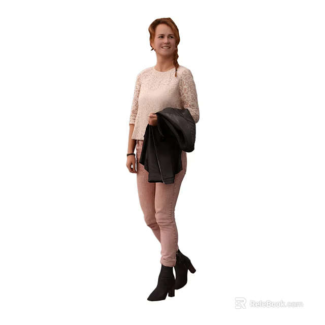 A Stylish Woman Wearing Lace Top And Pink Pants With Black Boots Holding Black Jacket 3d model 