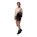 A Stylish Woman Wearing Lace Top And Pink Pants With Black Boots Holding Black Jacket
