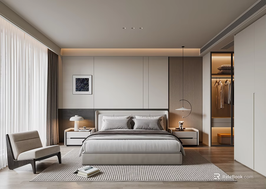 Minimalist Modern Bedroom Interior With Bed Nightstands Armchair Area Rug And Curtains 3d model 