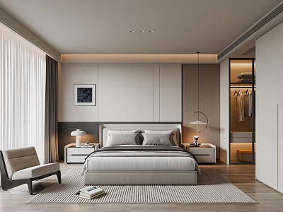 Minimalist Modern Bedroom Interior With Bed Nightstands Armchair Area Rug And Curtains 3d model