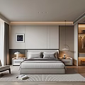 Minimalist Modern Bedroom Interior With Bed Nightstands Armchair Area Rug And Curtains