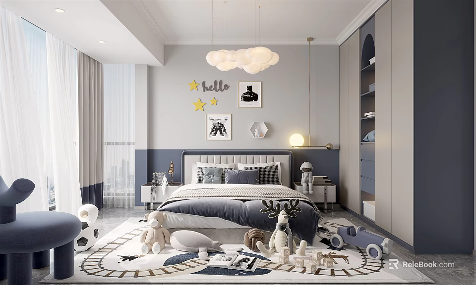 Kids Room Interior With Cloud Chandelier Star Decals Stuffed Toys And Toy Car 3d model 