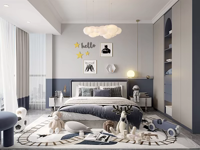 Kids Room Interior With Cloud Chandelier Star Decals Stuffed Toys And Toy Car 3d model