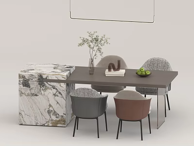 Contemporary Dining Table with Multicolor Chairs Hanging Lamp Vase Books Fruits and Marble Side Table 3d model