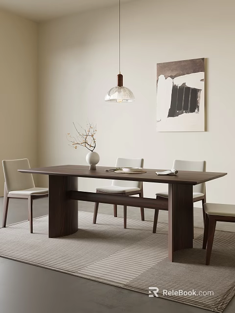 Elegant Restaurant Interior With Long Walnut Dining Table Light Chairs Pendant Light And Wall Artwork 3d model 