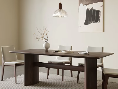 Elegant Restaurant Interior With Long Walnut Dining Table Light Chairs Pendant Light And Wall Artwork 3d model