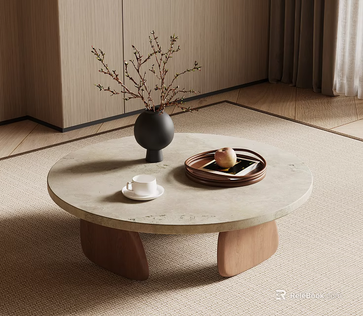 Elegant Round Stone Top Coffee Table With Solid Wood Base For Warm Modern Living Room Decor 3d model 